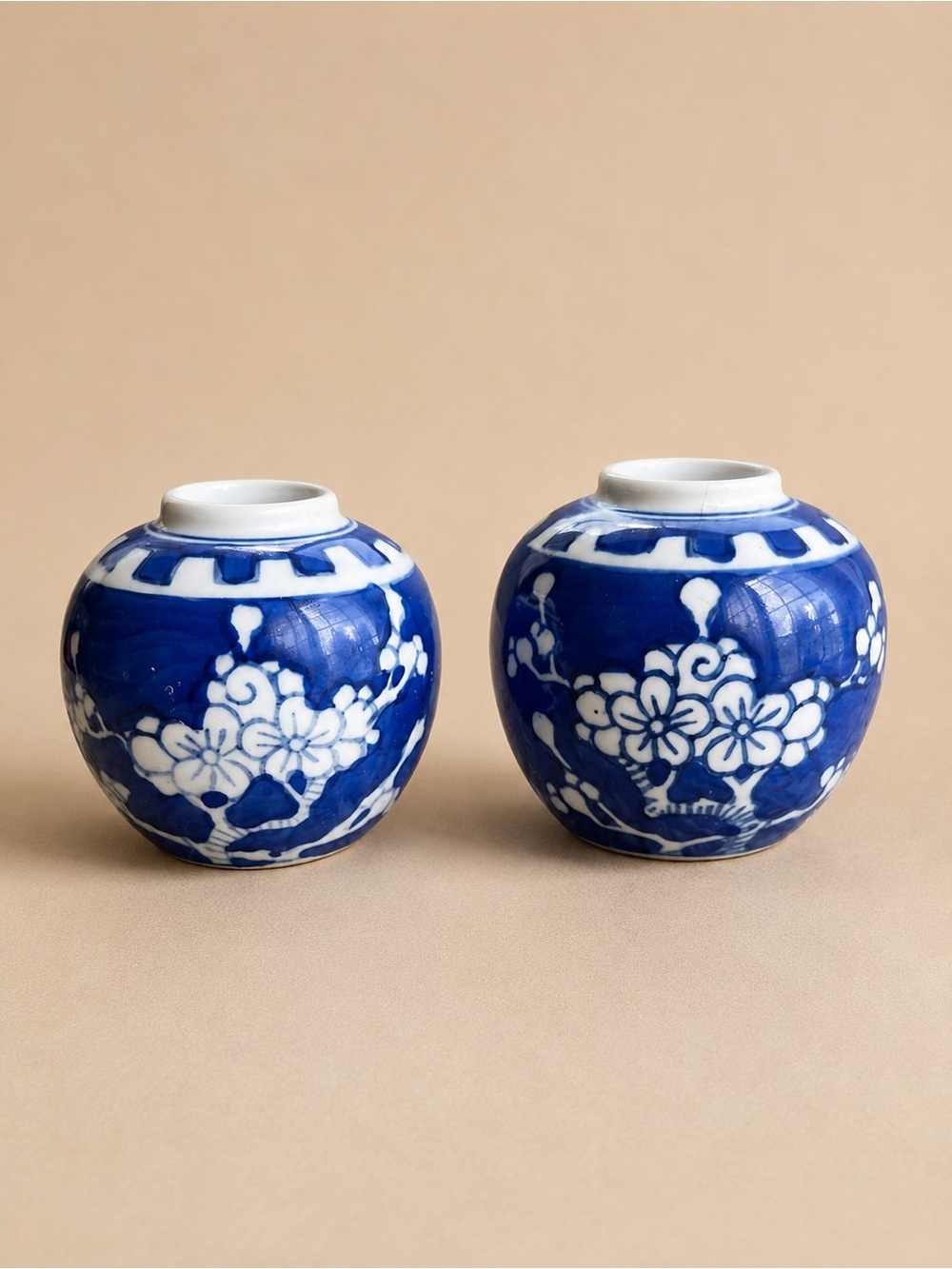 Vintage Chinese Blue White Mini Ginger Jars Pair Floral Porcelain No Lids